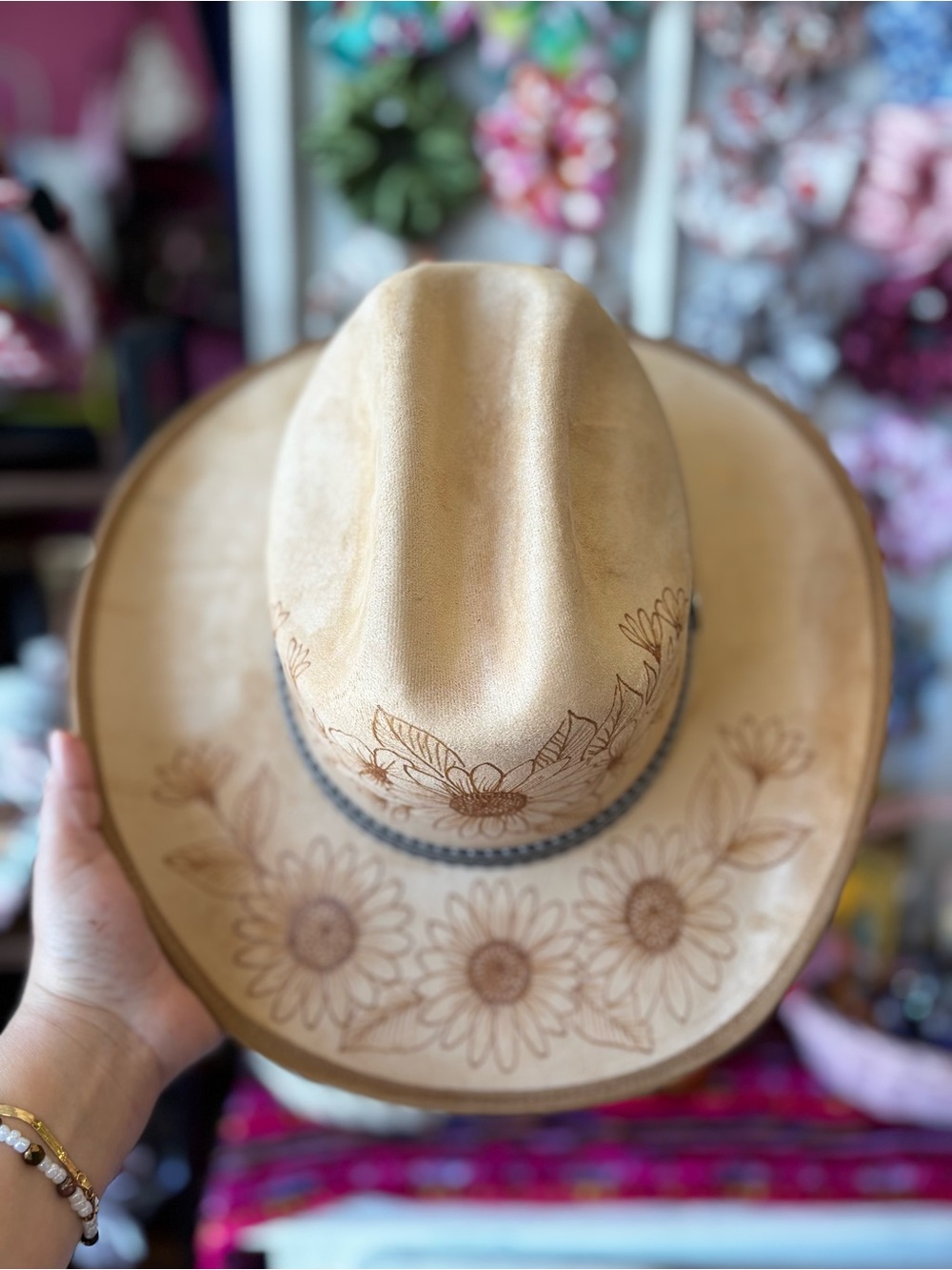 Tan Floral-Engraved Western Hat for Women